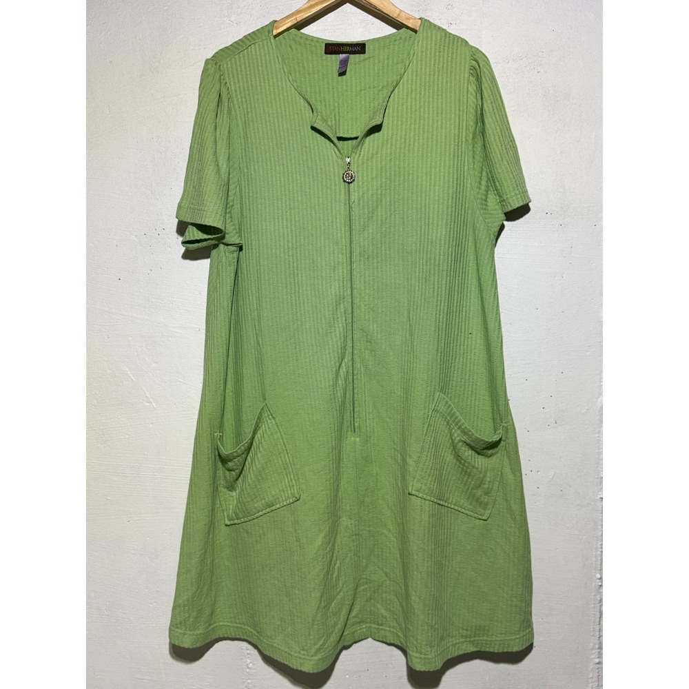 Stan Herman Womens Large Green Ribbed Zip Front Lounge House Dress Cotton Blend